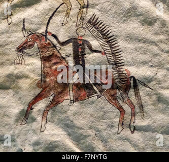 Painted buffalo hide by the Lakota indigenous people of the Great Plains of North America. Dated 19th Century Stock Photo