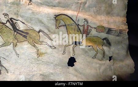 Painted buffalo hide by the Lakota indigenous people of the Great Plains of North America. Dated 19th Century Stock Photo