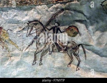 Painted buffalo hide by the Lakota indigenous people of the Great Plains of North America. Dated 19th Century Stock Photo