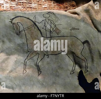 Painted buffalo hide by the Lakota indigenous people of the Great Plains of North America. Dated 19th Century Stock Photo