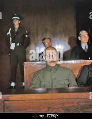 War Crimes Trial of Hideki Tojo (1884 – 1948) general of the Imperial Japanese Army. Prime Minister of Japan during much of World War II. Tojo was arrested, sentenced to death for Japanese war crimes by the International Military Tribunal for the Far East, and hanged on December 23, 1948. Stock Photo