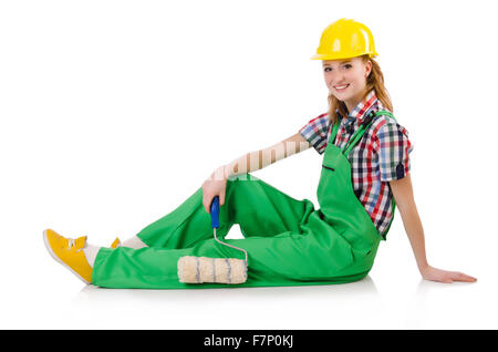 Female handyman in overalls isolated on white Stock Photo