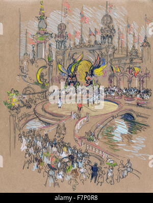 Coney Island by Joseph Pennell, 1857-1926, artist. ca. 1904 - 1908. drawing on brown paper : pastel crayon, pencil. New York City. View from above of crowd jammed around circular platform built over water containing ringmaster and performers, colourful flying creatures above, exotic towers, flags in background. Stock Photo