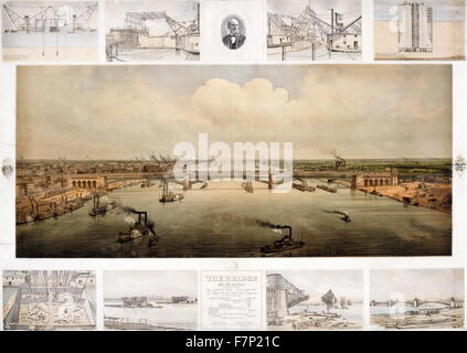 View of completed St. Louis Bridge, with steamboats in Mississippi River, surrounded by eight views of stages of bridge construction, based on photographs taken in 1874 by R. Benecke, sections of pier and machinery, and portrait of Capt. James B. Eads, chief engineer. Stock Photo