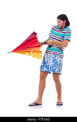 Positive man with colorful umbrella isolated on white Stock Photo - Alamy