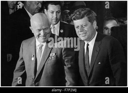 The Vienna summit was a summit meeting held on June 4, 1961, in Vienna, Austria, between President John F. Kennedy of the United States and Premier Nikita Khrushchev of the Soviet Union. The leaders of the two superpowers of the Cold War era discussed numerous issues in the relationship between their countries. Stock Photo