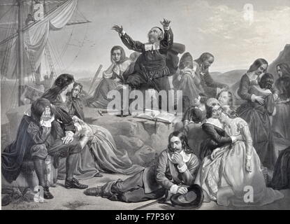 Illustration of the departure of the pilgrim fathers, for America. Dated 1620 Stock Photo