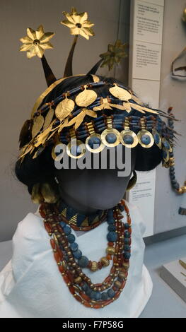 Reconstructed Sumerian headgear necklaces found in the tomb of Queen Puabi. Stock Photo