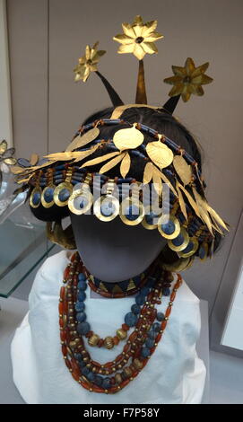 Reconstructed Sumerian headgear necklaces found in the tomb of Queen Puabi. Stock Photo