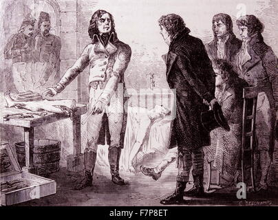 Dominique Jean LARREY - 1766-1842French military surgeon: went with Napoleon to Egypt in 1798. Great speed at amputation (13-15 seconds for a leg). Shown here demonstrating muscular contractions in a recently amputated limb due to galvanic effects. Stock Photo