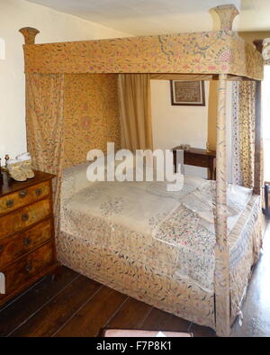 Tudor period canopied bed at Sulgrave Manor, England, ancestral home of George Washington. 2015 Stock Photo