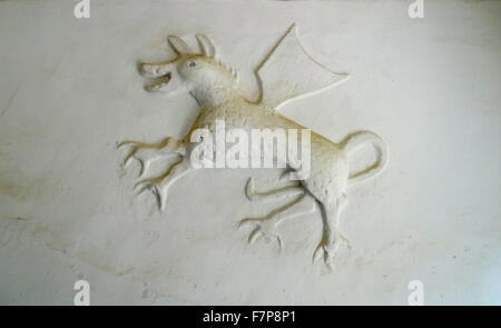 17th century plaster relief on the entrance, at Sulgrave Manor, England, ancestral home of George Washington. 2015 Stock Photo