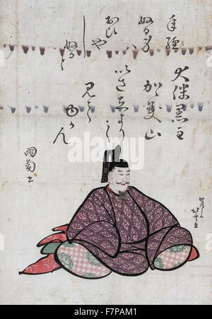 Otomo no kuronushi by Hokusai Katsushika (1760-1849). Colour woodcut of Otomo no kuronushi, a poet, sitting, facing right. Stock Photo