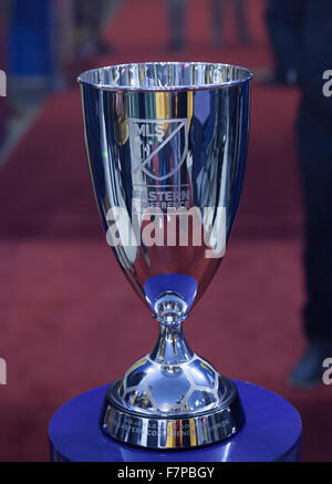 Harrison, NJ USA - November 29, 2015: MLS Eastern Conference Championship Trophy on display at Red Bulls Arena Stock Photo