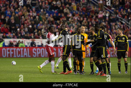 Harrison, NJ USA - November 29, 2015: Skirmish during MLS Eastern Conference Final between New York Red Bulls and Columbus Crew SC at Red Bulls Arena Stock Photo