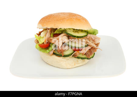 Pulled pork and salad in a soft bread roll on a plate isolated against white Stock Photo