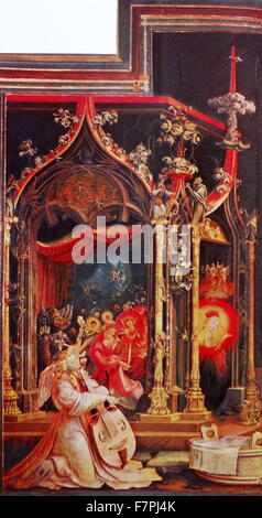 Painting titled 'The Annunciation, Virgin and Child with Angels, Resurrection, from the Isenheim Altar' by Matthias Grünewald (1470-1528) German Renaissance painter of religious works. Dated 16th Century Stock Photo