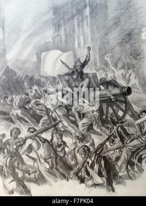 Propaganda illustration by Carlos Saenz De Tejada depicting a Nationalist militia seizing a cannon during street fighting in the Spanish Civil War. Dated 1938 Stock Photo
