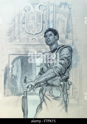 Propaganda illustration by Carlos Saenz De Tejada depicting a Carlist century standing guard in Pamplona. Dated 1937 Stock Photo