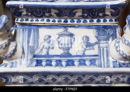 Detail of Delftware pyramid vase at Dyrham Park, South Gloucestershire. Dyrham Park is a late 17th century home near Bath. Stock Photo