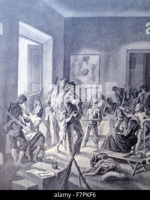 Propaganda illustration by Carlos Saenz De Tejada depicting Nationalist families under siege in a school building during the Spanish Civil War. Dated 1937 Stock Photo