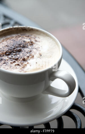 Cup of cappuccino, Morden Hall Park, London. Stock Photo