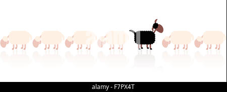 Black sheep looking up - white sheep grazing. Illustration on white background. Stock Photo