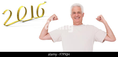 Composite image of senior man flexing his arms Stock Photo