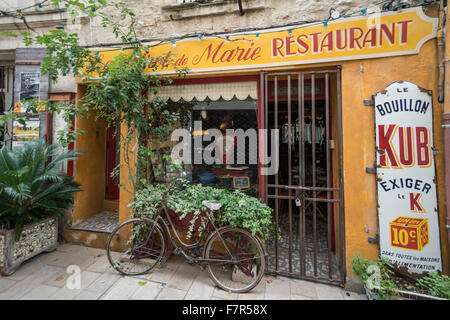 Marie Restaurant, bicycle, St. Remy de Provence, France Stock Photo