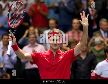 Switserland, Genève, September 18, 2015, Tennis,   Davis Cup, Switserland-Netherlands,  Swiss Roger Federer jubilates his win Stock Photo