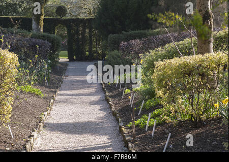 View at dawn down the path in the market garden area at Cotehele, Cornwall. Stock Photo