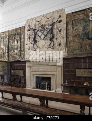 The fireplace in the Entrance Hall at Hardwick Hall, Derbyshire. Hardwick Hall was built in the late 16th century for Bess of Hardwick. Stock Photo
