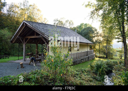 Footprint, Windermere, Cumbria. The straw bale building at Footprint was constructed in 2006 and now provides a base for people to reconnect with nature and explore the great outdoors in the peaceful St Catherine's Wood. Stock Photo