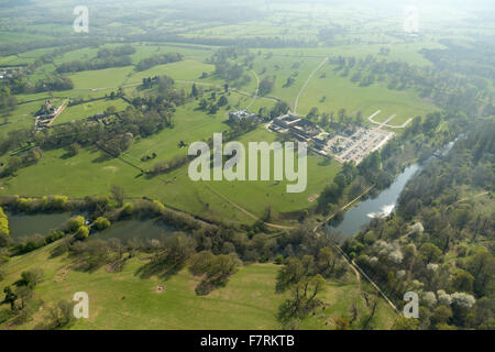 An aerial view of Calke Abbey, Derbyshire. There are beautiful, yet faded, walled gardens and the orangery, auricula theatre and kitchen gardens to explore. Stock Photo