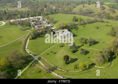An aerial view of Calke Abbey, Derbyshire. There are beautiful, yet faded, walled gardens and the orangery, auricula theatre and kitchen gardens to explore. Stock Photo