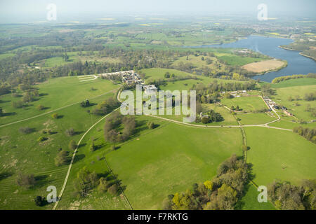 An aerial view of Calke Abbey, Derbyshire. There are beautiful, yet faded, walled gardens and the orangery, auricula theatre and kitchen gardens to explore. Stock Photo