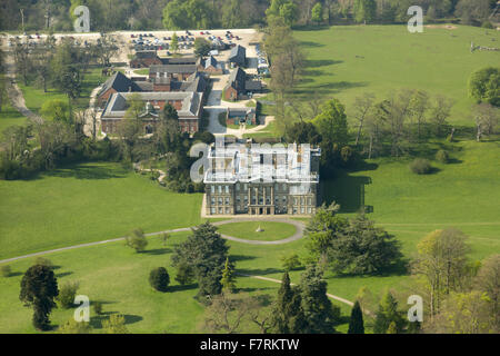 An aerial view of Calke Abbey, Derbyshire. There are beautiful, yet faded, walled gardens and the orangery, auricula theatre and kitchen gardens to explore. Stock Photo