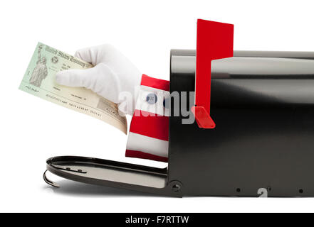 Mailbox with Uncle Sam Handing Over Tax Return Check Isolated on White Background. Stock Photo
