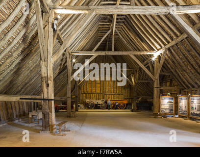 Inside Grange Barn, Essex. One of Europe's oldest timber-framed buildings, Grange Barn stands as a lasting reminder of the once powerful Coggeshall Abbey. Stock Photo