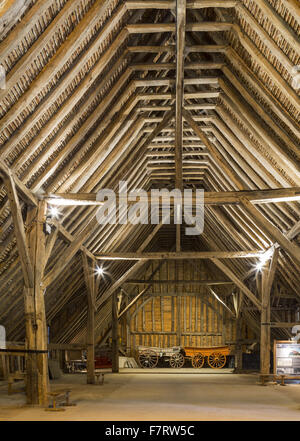 Inside Grange Barn, Essex. One of Europe's oldest timber-framed buildings, Grange Barn stands as a lasting reminder of the once powerful Coggeshall Abbey. Stock Photo