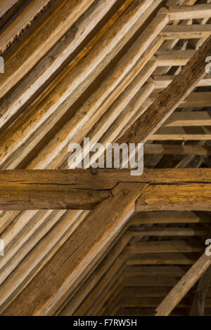 Inside Grange Barn, Essex. One of Europe's oldest timber-framed buildings, Grange Barn stands as a lasting reminder of the once powerful Coggeshall Abbey. Stock Photo