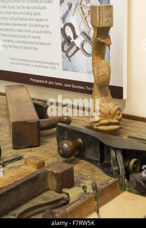 Tools at Grange Barn, Essex. One of Europe's oldest timber-framed buildings, Grange Barn stands as a lasting reminder of the once powerful Coggeshall Abbey. Stock Photo