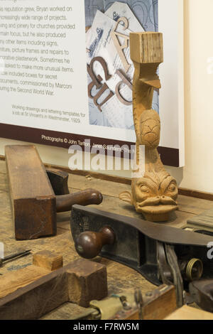 Tools at Grange Barn, Essex. One of Europe's oldest timber-framed buildings, Grange Barn stands as a lasting reminder of the once powerful Coggeshall Abbey. Stock Photo