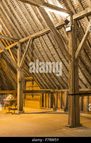 Inside Grange Barn, Essex. One of Europe's oldest timber-framed buildings, Grange Barn stands as a lasting reminder of the once powerful Coggeshall Abbey. Stock Photo