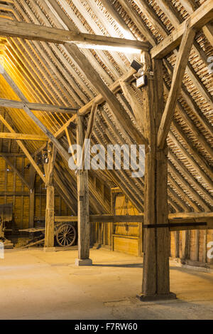 Inside Grange Barn, Essex. One of Europe's oldest timber-framed buildings, Grange Barn stands as a lasting reminder of the once powerful Coggeshall Abbey. Stock Photo