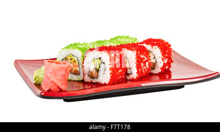 Tobiko Spicy Maki Sushi - Hot Roll with various type of Tobiko (flying fish roe) outside and salmon inside Stock Photo