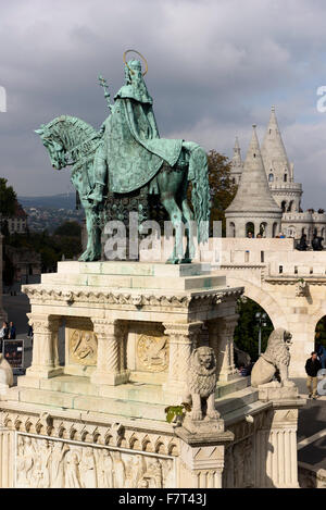 Equestrian statue of St. Stephan and fisherman's bastion Helászbástya on castle hill, Budapest, Hungary, Europe, world heritage Stock Photo