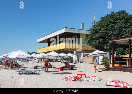 Nesebar, Bulgaria - July 21, 2014: Public beach with relaxing people in Nesebar town, Black Sea coast Stock Photo