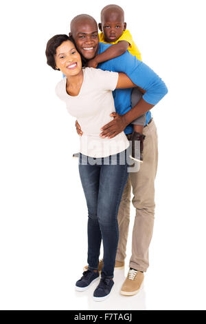 happy African family of three piggybacking on white background Stock Photo