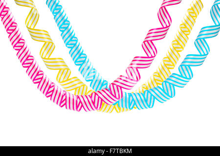 Corner of Striped Yellow Curly Hanging Down Party Streamers isolated on  white background Stock Photo - Alamy